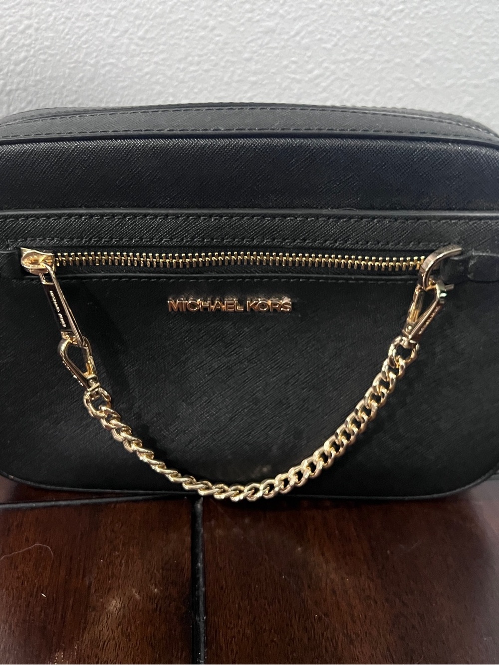 Michael Kors Black Saffiano Crossbody with Gold Chain Detail